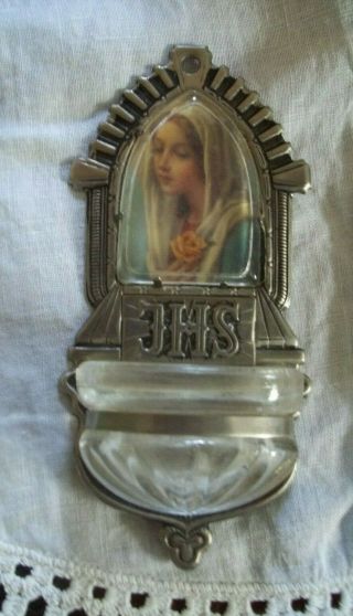 Vintage Metal And Glass Virgin Mary,  Jhs,  Holy Water Fount,  5 1/2 In,  Catholic