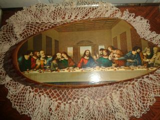 Vintage Religious Last Supper On Natural Wood Slab - Wall Art - 18 X 17 1/2 In.