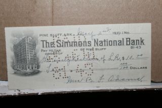1941 The Simmons National Bank Check Pine Bluff Arkansas Ark Ar B.  F.  Adams Rare