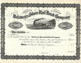 19th Century 1870 Delaware Shore Railroad Stock Certificate Wood Burning Train