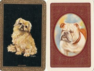 2 Playing Swap Cards Vintage Dogs Pekinese Pekingnese & British Bull Dog Gold