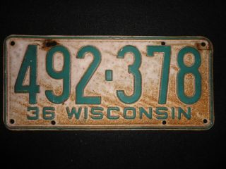 1936 Wisconsin License Plate No.  (492 - 378) 13 - 1/2 " X 6 - 1/4 "