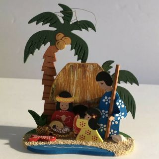 Vintage Hawaiian Wooden Nativity Christmas Ornament Palm Tree Pineapple Seashell
