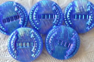 6404 - Pretty Set (5) Vintage Czech Old Glass 3/4 " Iridescent Blue Buttons