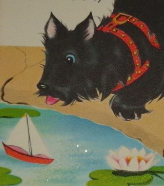 Vintage Greeting Card,  Cute Scottie Dog And Sailboat,  6 "