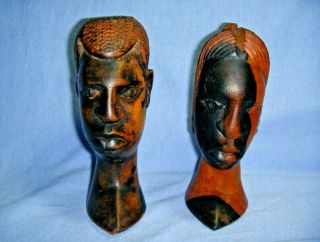 Pair African Folk Art Carved Wood Sculpture Bust Male Female Head 2 Tone Wood 5 "
