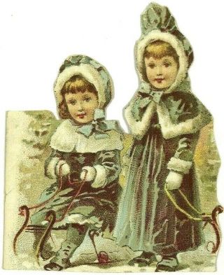 Victorian Cutout Scrap Card Sisters Little Girls On Sled Fur Trim Capes Crafts