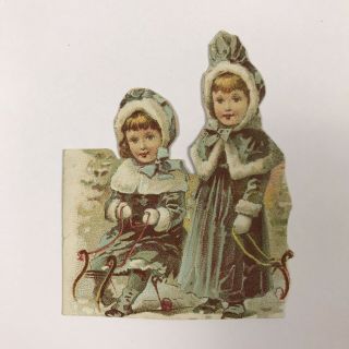 Victorian Cutout Scrap Card Sisters Little Girls On Sled Fur Trim Capes Crafts 4
