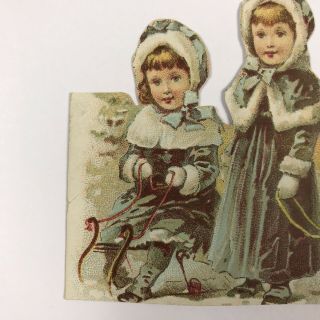 Victorian Cutout Scrap Card Sisters Little Girls On Sled Fur Trim Capes Crafts 5