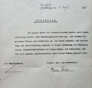 Declaration By German - I Descend From Aryan Parents - Nuremberg 1934