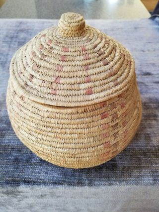 Antique Alaskan Inuit Basket,  Tightly Coiled,  No Breaks,  Red & Brown Stiches