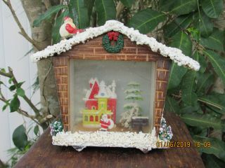 Vintage Christmas " Chalet " 3 - D Diorama Decoration W/cast Iron Belsnickle Santa