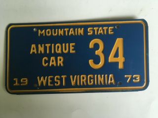 1973 West Virginia Antique Car License Plate Low Number 2 Digit Classic