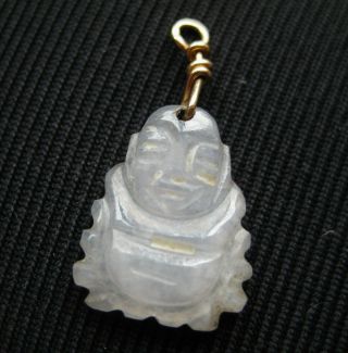 Vintage Chinese Carved White Jade Buddha 14k Gold Mini Necklace Pendant Charm