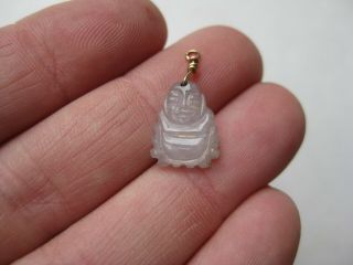 Vintage Chinese Carved White Jade Buddha 14k Gold Mini Necklace Pendant Charm 7