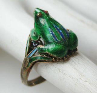 Vintage Chinese Sterling Silver Cloisonne Enamel Lucky Frog Good Luck Ring