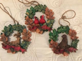 Christmas Ornaments Set Of 3 Resin Wreaths Fall Colors Acorns & Deer/cardinal/or