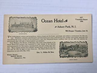 Rare Promotional Trade Card Ocean Hotel,  Asbury Park Nj,  20th Season1896