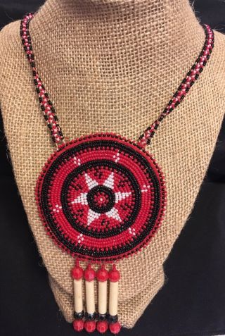 Vintage Native American Indian Beaded Necklace 3.  5 " Medallion Red Black White