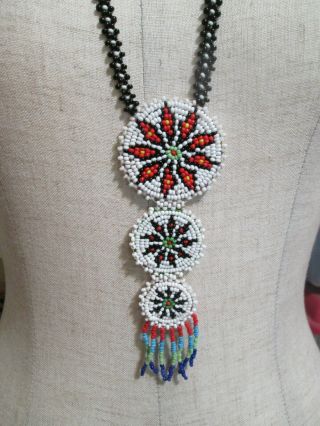 Old Navajo 1960s Seed Beaded 3 Disc Necklace Flowers Black White Red Yellow Blue