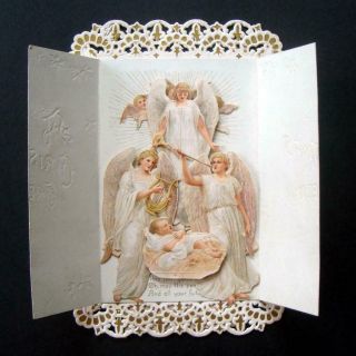 Z31 - Baby Jesus And Angels - Ornate Standing 3d Victorian Christmas Card