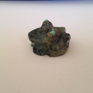Vintage Zuni Native American Carved Stone Frog Fetish,  Serpentine W Turquoise