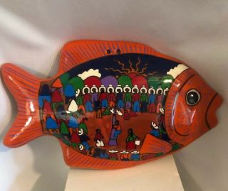 Mexican Hand Painted Hanging Ceramic Folk Art Fish Pottery Home Decor -