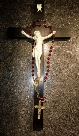 Old Antique 15” Wooden Wall Cross Metal Jesus Christ Crucifix & Rosary Beads
