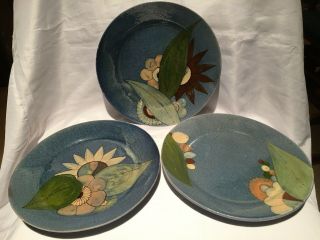 Vintage 1940’s Mexico Tlaquepaque Pottery Dinner Plates Floral Design Blue 10.  5”