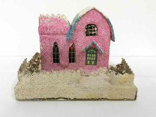 Vintage Christmas Putz Village House Church Cardboard Mica 1940s Japan Pink