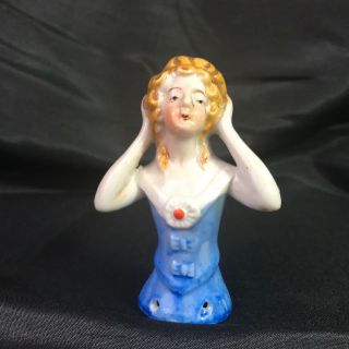 Vintage Porcelain Ceramic Victorian Half Doll Pincushion Pull Doll Blues Dress