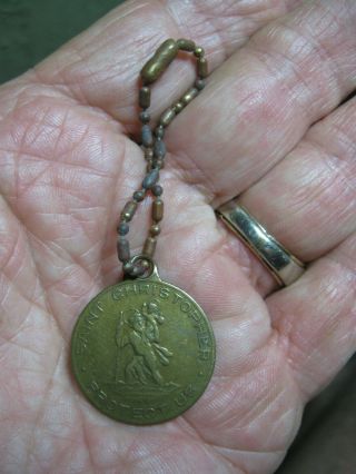 Old St Christopher Protect Us I Am A Catholic Brass Medal N Keychain Hot Rat Rod