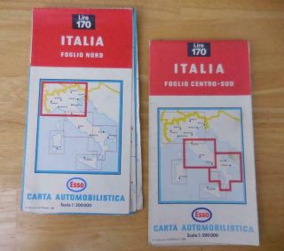 Esso Italy Regional Street Road Map 1966,  North,  Central/south 1:500,  000