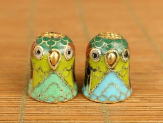 Cloisonne Old Pair Owl Lovely Thimble Mother Gift Noble Gift