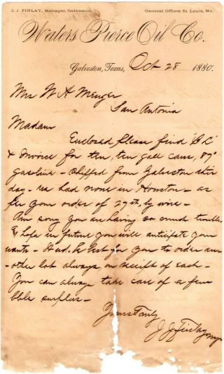 1880 Waters Pierce Oil Co Galveston Tx Letter To Menger Hotel San Antonio Tx