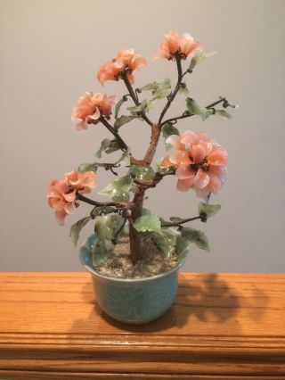 Vintage Glass Jade Bonsai Sakura Cherry Blossom Tree In Celadon Green Pot - 14”