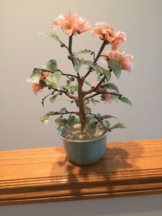 Vintage Glass Jade Bonsai Sakura Cherry Blossom Tree In Celadon Green Pot - 14” 5