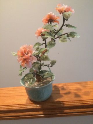 Vintage Glass Jade Bonsai Sakura Cherry Blossom Tree In Celadon Green Pot - 14” 6