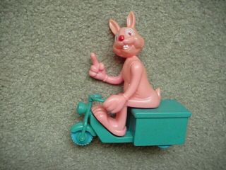Vintage Hard Plastic Bunny Rabbit Riding Cart On Wheels Easter Rabbit