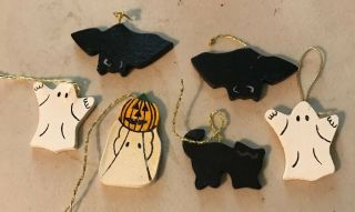 Halloween Ghost Bat Cat Pumpkin 6 Pc Mini Wood Ornaments 1.  25”