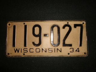 1934 Wisconsin License Plate No.  (119 - 027) 13 - 1/2 " X 6 - 1/4 "