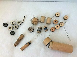 Antique Sewing Wooden Spools,  Thread,  Needle Cases,  Bobbin Assortment