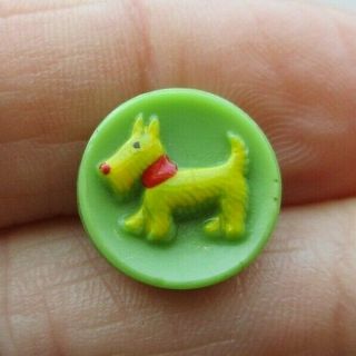 Darling Small Antique Vtg Painted Glass Button Realistic Puppy Dog 5/8 " (d)