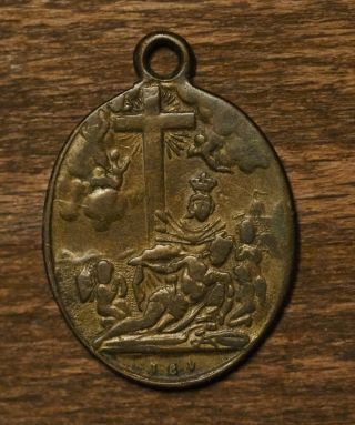 Antique Religious Bronze Medal Pendant Holy Mother Of Sorrows And The Angels.