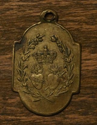Antique Religious Bronze Medal Pendant Sacred Hearts,  Our Lady Of Chevremont