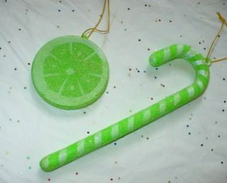 2 Vtg Christmas Hard Plastic Sugar Coated Candy Cane & Lime Tree Ornaments