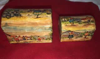 2 Wood Nesting Mini Dome Top Chests Hand Painted Village Scene Mexican Folk Art