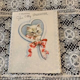 Vintage Greeting Card Valentine Daughter Rust Craft Mirror Cat Kitten