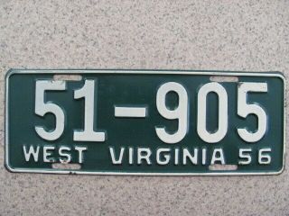 1956 West Virginia License Plate Tag,  Vintage,  51 - 905,