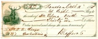 1878 Iou Note With Deer Vignette Houston To Menger Hotel San Antonio Texas